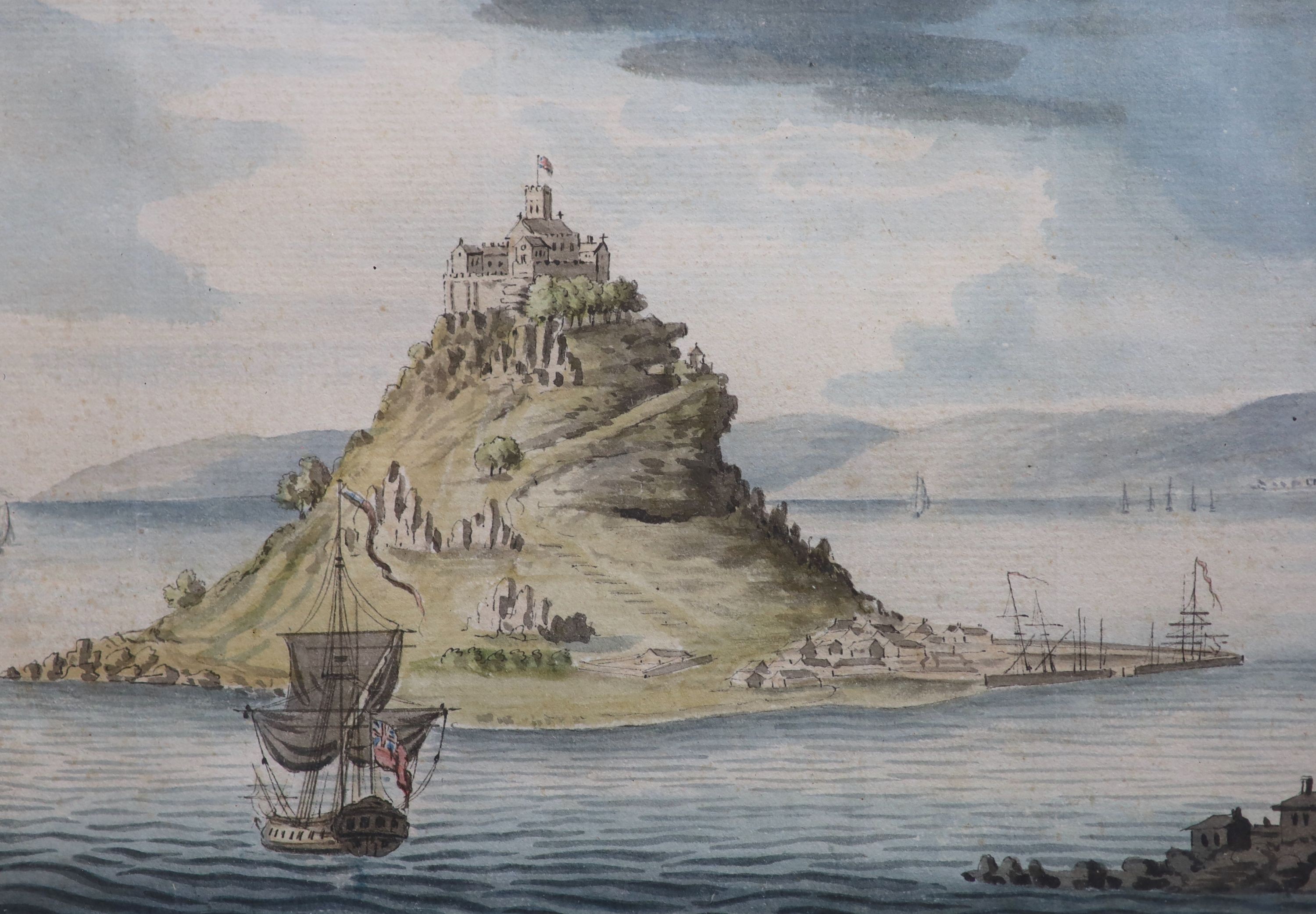 18th Century English School, View of St Michael's Mount with a frigate in the foreground, ink and watercolour, 14 x 19.5cm